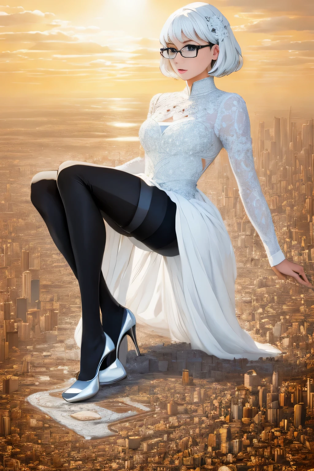 Giant&#39;s Art, Highly detailed Giant shot, Giant, short hair, black pantyhose, A giant princess much bigger than a skyscraper, wearing rimless glasses, big breasts, BIG ASS, White luxury dress, white pantyhose, white high heels, very small metropolis, miniature metropolis, full body description, ＧＴＳ, Giga Giant, Stomping City, crash city, Small town, micro city, High resolution, highest quality, masterpiece, crystalline dress, 