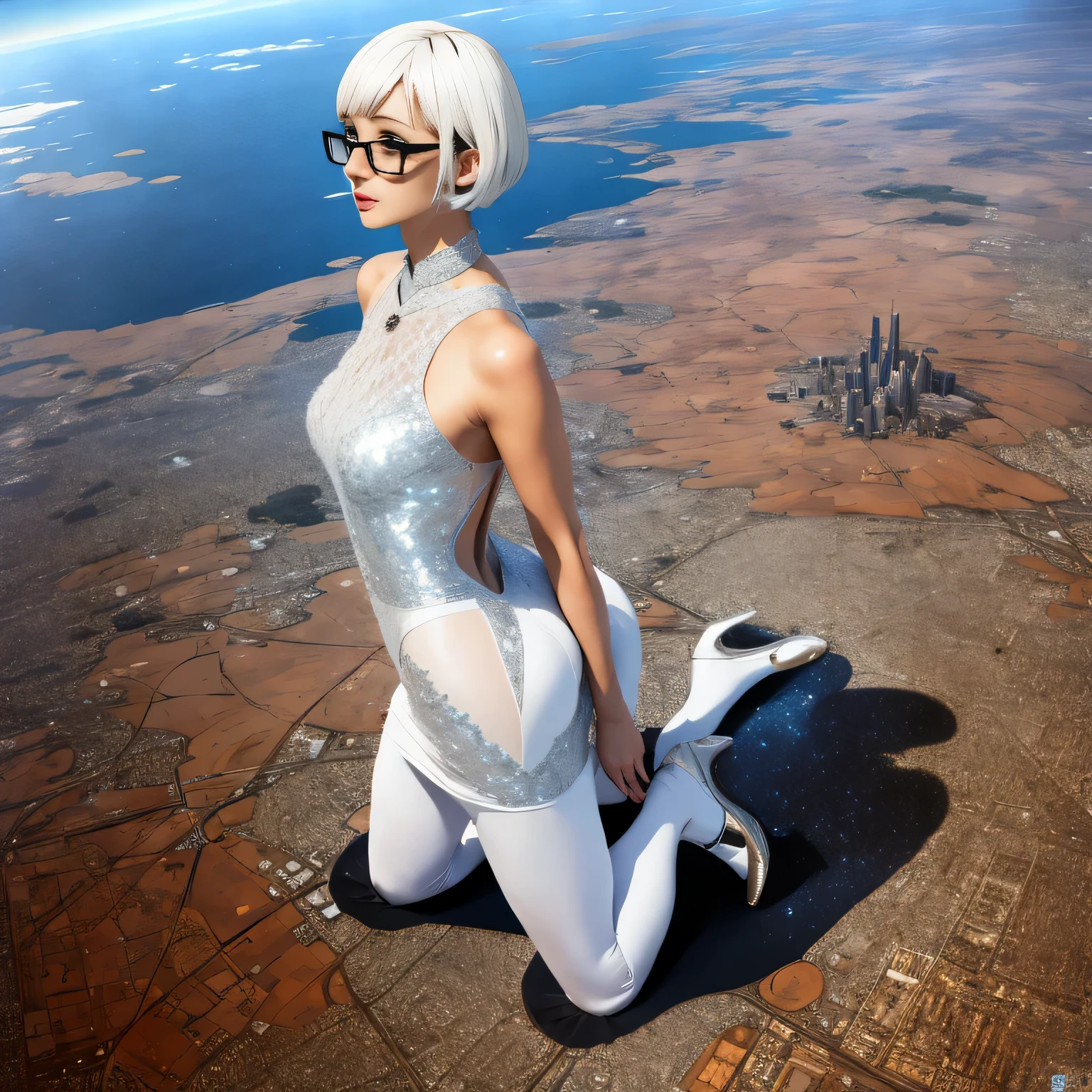 multiple girls, Giant&#39;s Art, Highly detailed Giant shot, Giant, short hair, black pantyhose, A giant princess much bigger than a skyscraper, wearing rimless glasses, big breasts, BIG ASS, White luxury dress, white pantyhose, white high heels, very small metropolis, miniature metropolis, full body description, ＧＴＳ, Giga Giant, Stomping City, crash city, Small town, micro city, High resolution, highest quality, masterpiece, crystalline dress, 