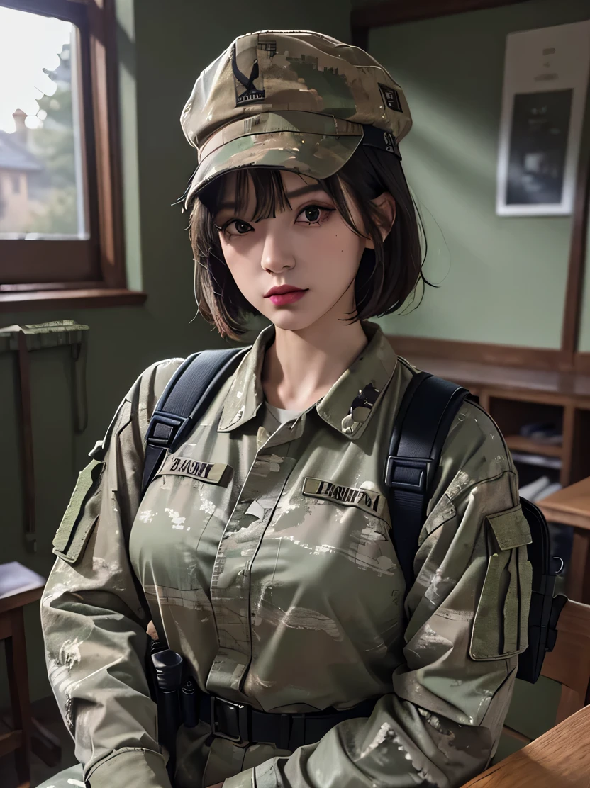 ((masterpiece、highest quality、genuine、Super detailed、High resolution、photogenuineistic、sharp focus、cinematic lighting))、beautiful female soldier、bust shot、Cropped Shorthair、Camouflage Cap、Combat equipment、Army long sleeve camouflage uniform over black undershirt、Camouflage pants、Combat Gloves、rucksack、A room in an abandoned building、white smoke、Detailed face and chest depiction、((detailed hand drawn))、battle pose、looking at the viewer