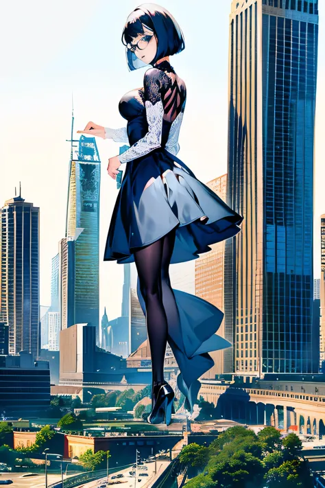 giantの芸術, 非常に詳細なgiantショット, giant, short hair, black pantyhose, a giant princess much bigger than a skyscraper, wearing rimless g...