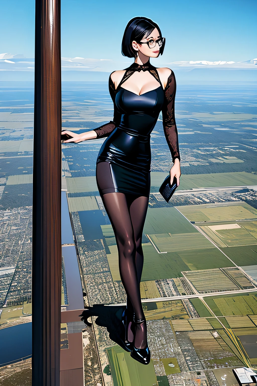 Giant&#39;s Art, Highly detailed Giant shot, Giant, short hair, black pantyhose, A giant princess much bigger than a skyscraper, wearing rimless glasses, big breasts, BIG ASS, black luxury dress, black pantyhose, black high heels, very small metropolis, miniature metropolis, full body description, ＧＴＳ, Giga Giant, Stomping City, crash city, Small town, micro city, High resolution, highest quality, masterpiece, 