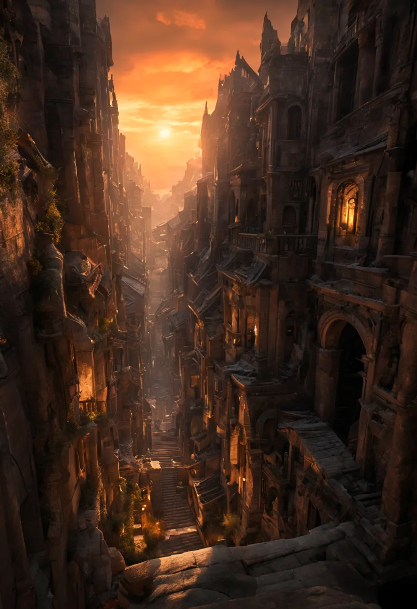
              Time freezes when the sun goes down，The buildings and streets in the ancient city are illuminated by the setting ...