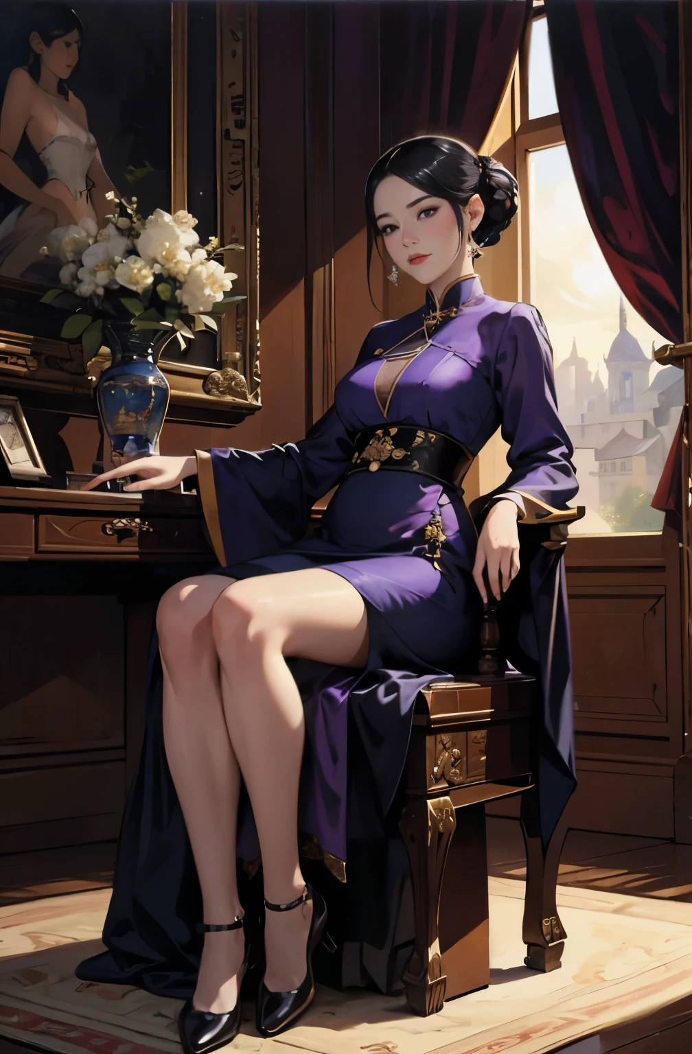 A painting of a beautiful young woman standing quietly, beautiful night view, flower of society, She is wearing an elegant purple cheongsam, Inspired by Chen Yifei, Inspired by Francesco Hayez, Inspired by Hendrik Terbruggen, Jean＝Works that influenced Auguste Dominique Ingres, Inspired by Liu Jun, Jean＝Works that influenced Auguste Dominique Ingres, highest quality, perfect angle, perfect composition, best shot, official art, cinematic light, figurative art, Beautiful and expressive paintings, Beautiful artwork illustration, wonderful, cool beauty, clear, Mysterious, highest quality, official art, perfect composition,perfect angle, best shot, women only, sharp outline, The face behind the scenes, special agent, A talented female spy, Spy, SpyX, secret mission, Eyes without pupils, color eye, ideal anima,　melancholy, nostalgia, romantic, 1930s, beautiful cityscape, sepia memories, unforgettable woman, Full body Esbian