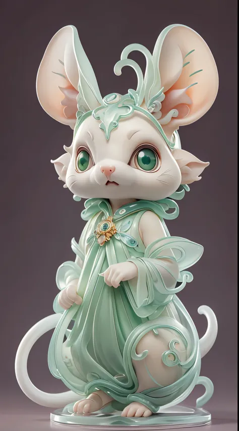 The shape of a rat，The background is clean，Dreamy colors，Transparent statue，florals，Big eyes，green color，Serious expressions，((r...