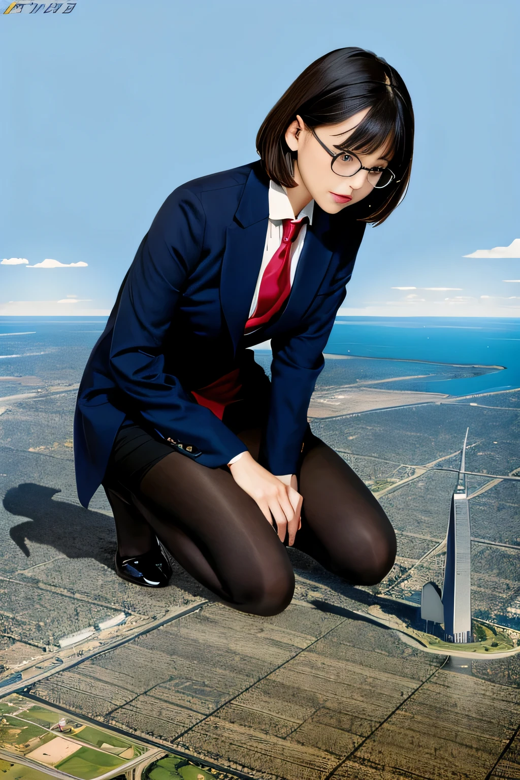 Giant&#39;s Art, surreal high school girl, Highly detailed Giant shot, Giant, short hair, black pantyhose, a huge high school girl、&#39;It&#39;s much bigger than a skyscraper, wearing rimless glasses, big breasts, navy blue blazer, red tie, mini length skirt, black pantyhose, Don't wear shoes., very small metropolis, miniature metropolis, A miniature metropolis that is only up to your feet.、squatting and urinating, The city is a sea of urine, tsunami of urine, Small trains and cars are washed away with urine., full body description, ＧＴＳ, Giga Giant, black pantyhose, Pantyhose legs, Pantyhose feet, ,Stomping City,crash city,Small town,micro city, pee, High resolution, highest quality, masterpiece, 