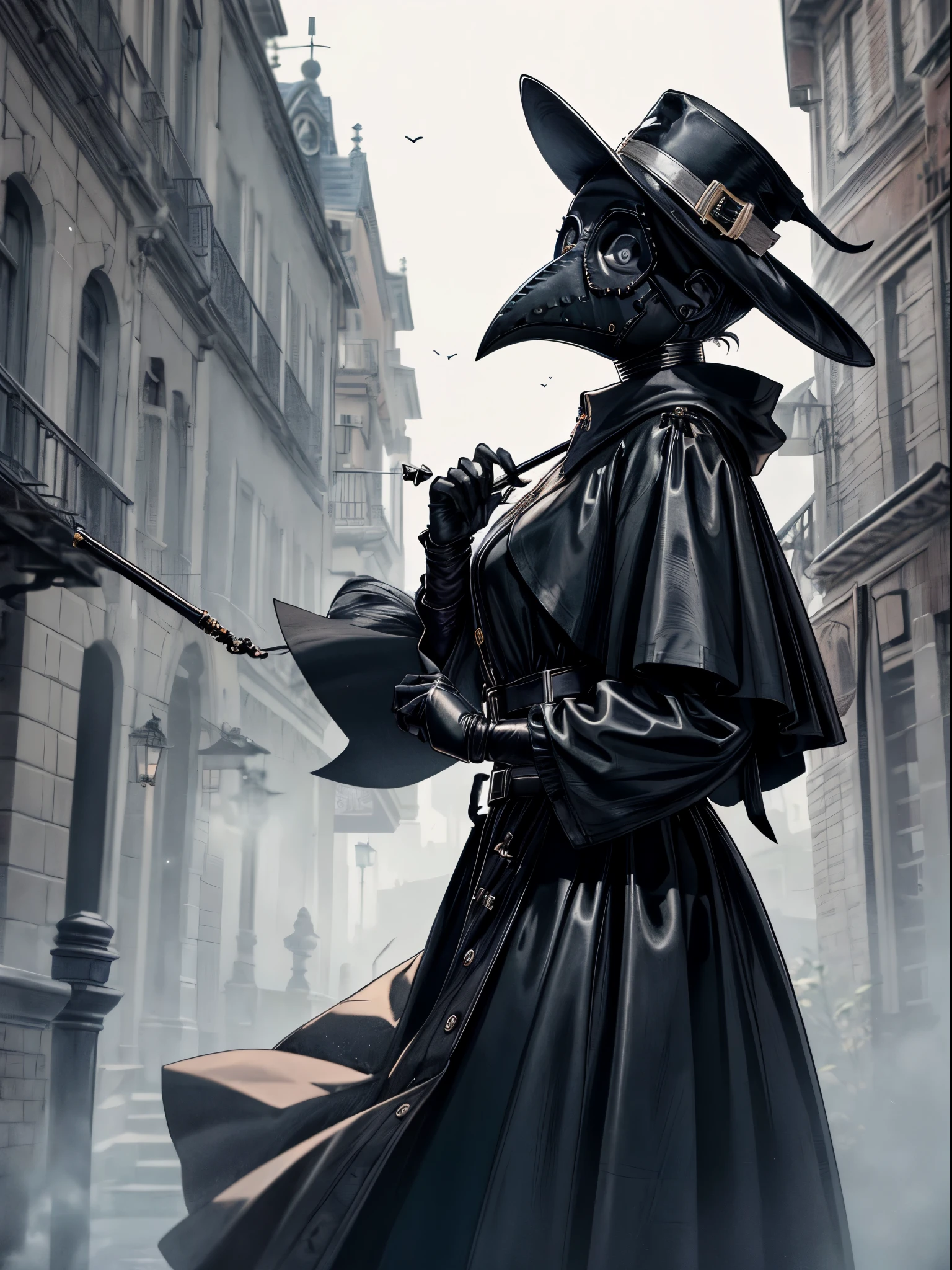 Beautiful, (masutepiece:1.2), (Best Quality:1.2), Realistic, Perfect eyes, Perfect face, Perfect Lighting, (1boy:1.2), plague doctor, Mask, Plague Doctor Mask, Faceless, With a cane, Evil atmosphere, skull belt,silk hat, chain, Black veil, trench coat, beaked mask, volume illumination:1.1, darkness, (detail: 1.2), cana, Floating particles, (depth of fields), High quality, Fujifilm 85mm, Ruins, landscape, highly detailed back ground, Nightmare, 8K, Convoluted, Grip, Mysterious,Black fog, Leather handbags,dark