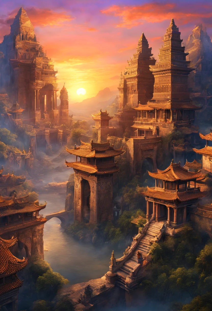    The beauty of subtlety：Ancient city at sunset reveals architectural details，like sculpture、mural or artwork，Highly detailed digital art that gives you a deeper appreciation for the beauty of the ancient city， Fantasy art master&#39;s works are super detailed、Exquisite and beautiful、masterpiece、Quality content is very detailed