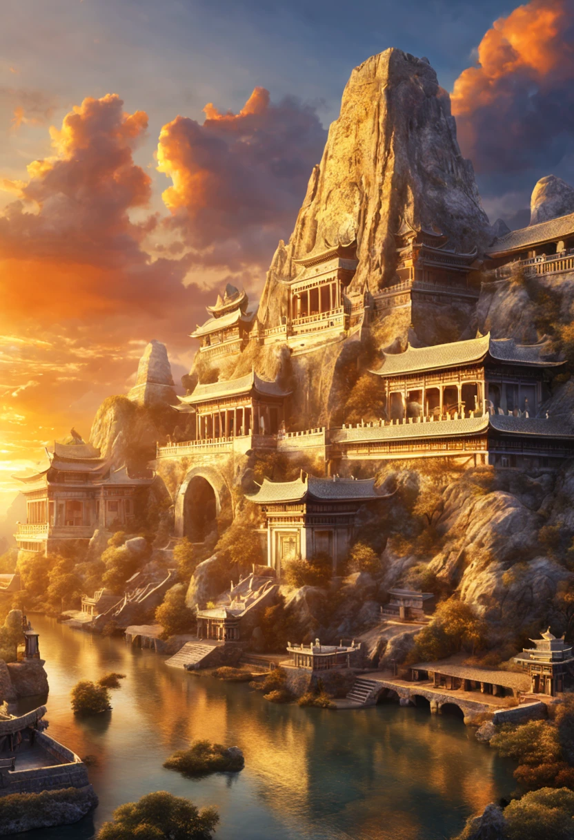    Subtle beauty: the ancient city under the sunset reveals architectural details，Close-up of ancient city sculpture artwork，Highly detailed digital art that gives you a deeper appreciation for the beauty of the ancient city， Fantasy art master&#39;s works are super detailed、Exquisite and beautiful、masterpiece、Quality content is very detailed