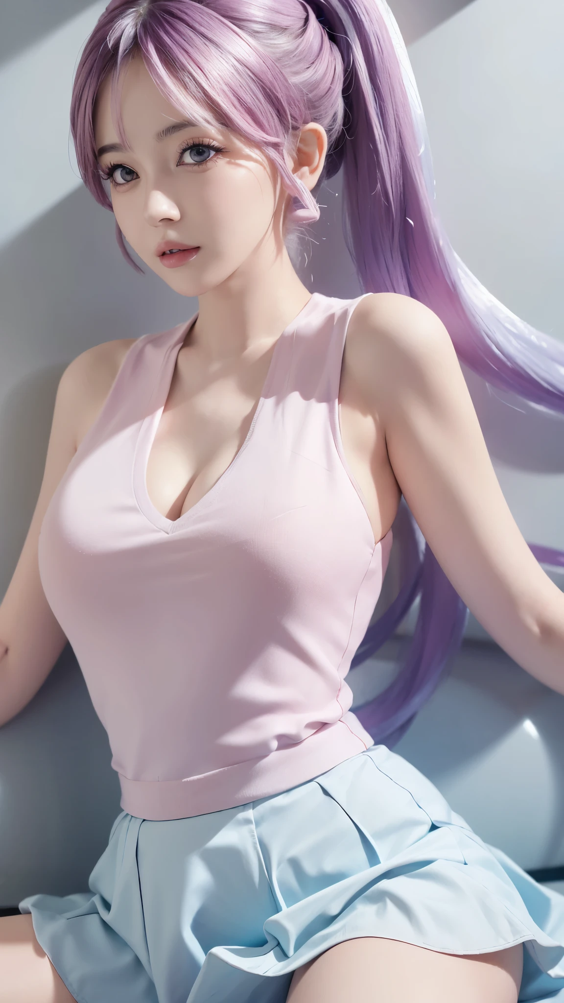 Close-up of a woman wearing a pink vest and skirt, pale milky porcelain skin, fair skin, skin smooth and translucent, anime manga girl, beautiful anime woman, surreal sweetness, white color hair , high ponytail colorful eyes, pale porcelain white skin, smooth and realistic perfect body, anime manga girl, realistic shadow perfect body, Guwitz masterpiece