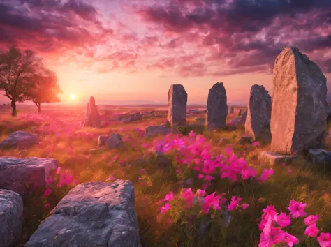 Landscape of an ancient megalithic city at sunset, pink horizon with setting sun, ancient megalithic city made of stone blocks, ...