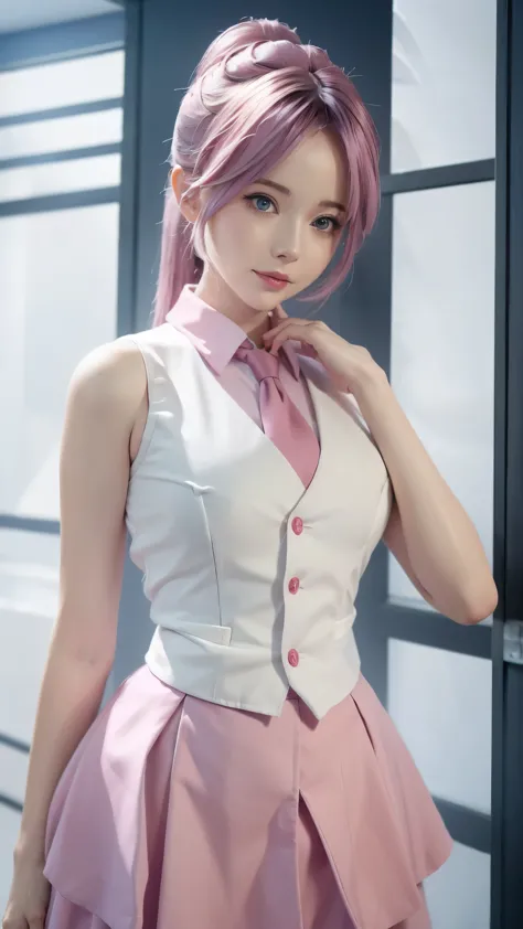 close-up of a woman wearing a pink vest and skirt, pale milky porcelain skin, fair skin, skin smooth and translucent, anime mang...