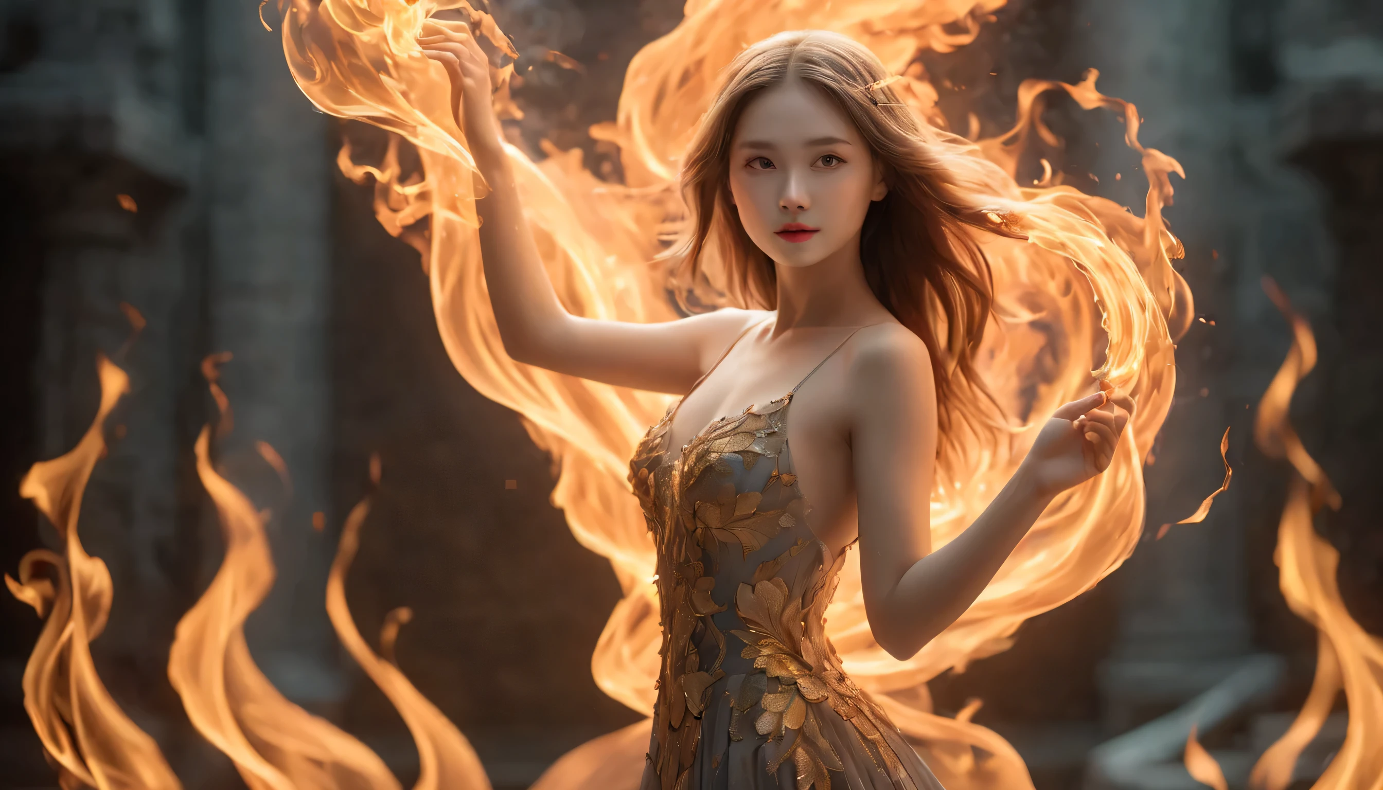 (Masterpiece, high quality, best quality, official art, beauty and aesthetics:1.2),(fire element:1.1),composed of fire elements,(1girl:1.45), graceful poses, transparency, dress, flame, absurdres, high res, ultrasharp, 8K, masterpiece, looking at viewer, (Beautiful girl on logl:1.3), intricate, Masterpiece, highest quality, 1girl, intricate hair, best illumination, (best shadow, an extremely delicate and beautiful, bloom), masterpiece, best quality:1.1, realistic:1.3, cinematic lighting:1.2, in the dark cavern:1.5, ultra photoreal, photorealistic:1.0, sharp focus:1.1, depth of field:1.1, 50mm, style of Nathan Wirth, Hasselblad X1D II, Porta 160beautiful woman, full body, slim body, detailed and accurate depth of fields，8K, A high resolution, masterpiece, beautiful wallpapers, high quality, high detail, the perfect face, crystallineAI, fractal art