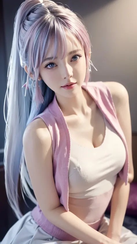Close-up of a woman wearing a pink vest and skirt, pale milky porcelain skin, fair skin, skin smooth and translucent, anime mang...
