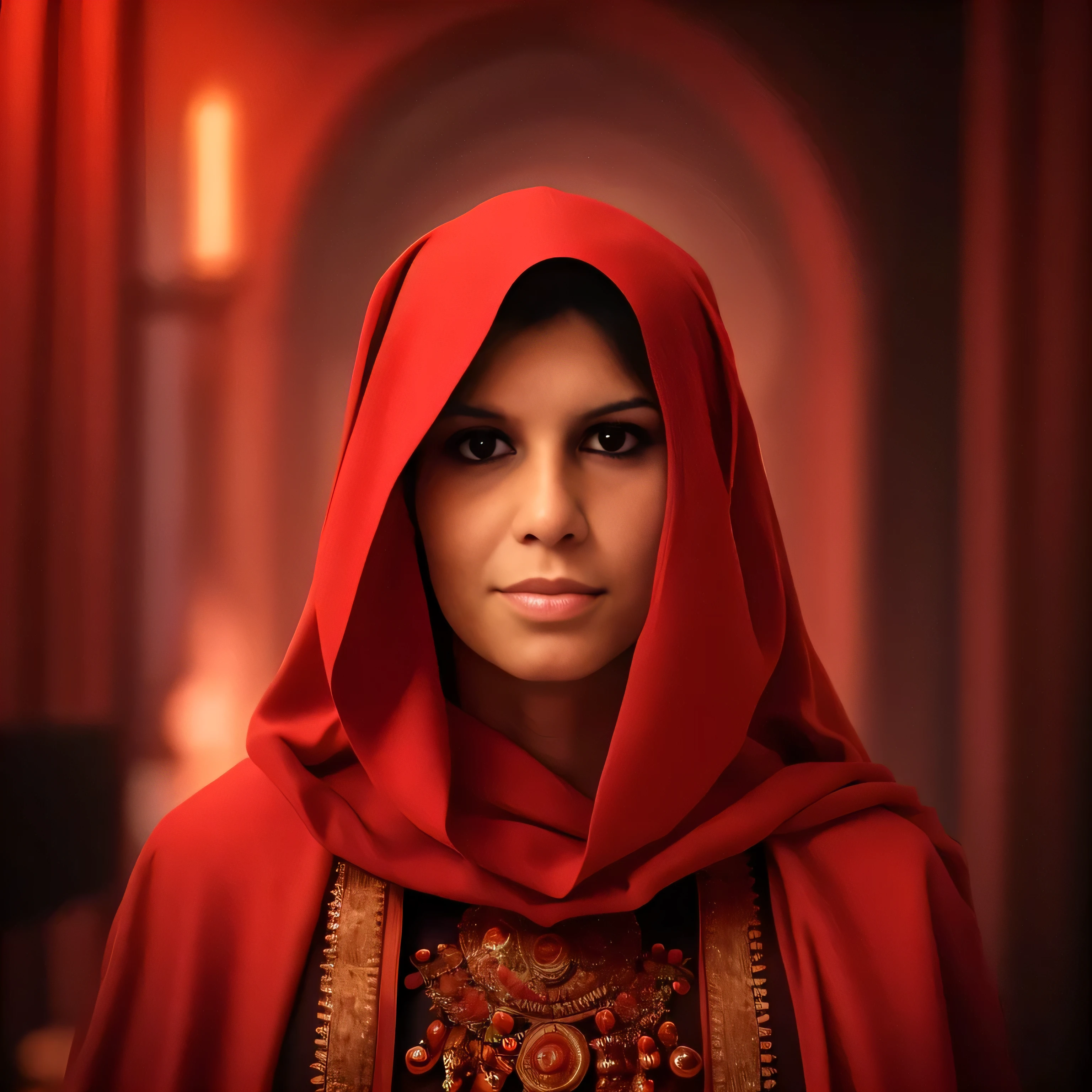 mulher arafa de vermelho com um xale vermelho e um colar vermelho, vestido com uma linda capa vermelha, detailed face of an arabic woman, totalmente vestido de manto vermelho, Retrato de uma sacerdotisa, Mulher judia bonita, Beautiful Arab woman, linda mulher, wearing manto vermelhos, young middle eastern woman, linda mulher, manto vermelho, wearing cultist manto vermelho