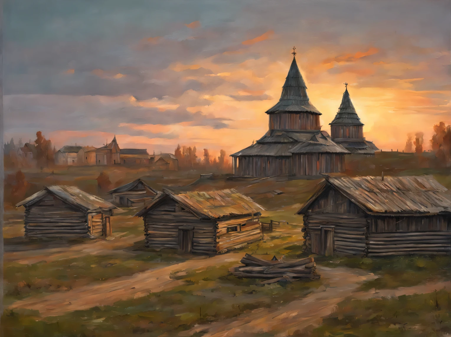 Ancient Russian log city, Slavic culture, Old Slavonic architecture, Ancient city at sunset, Old ancient Slavic city at sunset, oil painting on canvas, a high resolution, high detail