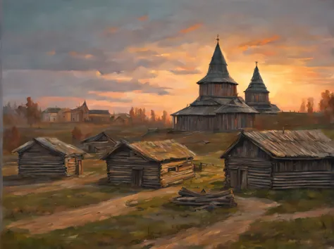 Ancient Russian log city, Slavic culture, Old Slavonic architecture, Ancient city at sunset, Old ancient Slavic city at sunset, ...