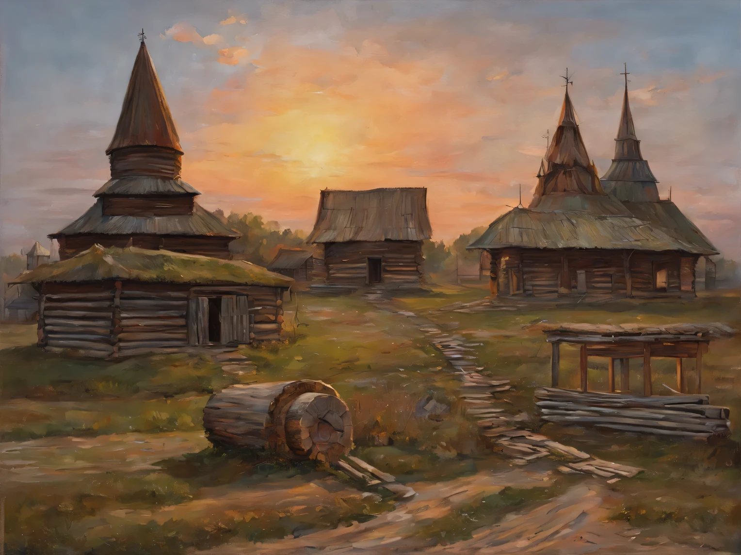 Ancient Russian log city, Slavic culture, Old Slavonic architecture, Ancient city at sunset, Old ancient Slavic city at sunset, oil painting on canvas, a high resolution, high detail