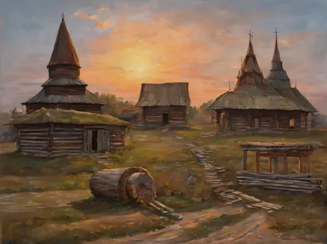 Ancient Russian log city, Slavic culture, Old Slavonic architecture, Ancient city at sunset, Old ancient Slavic city at sunset, ...
