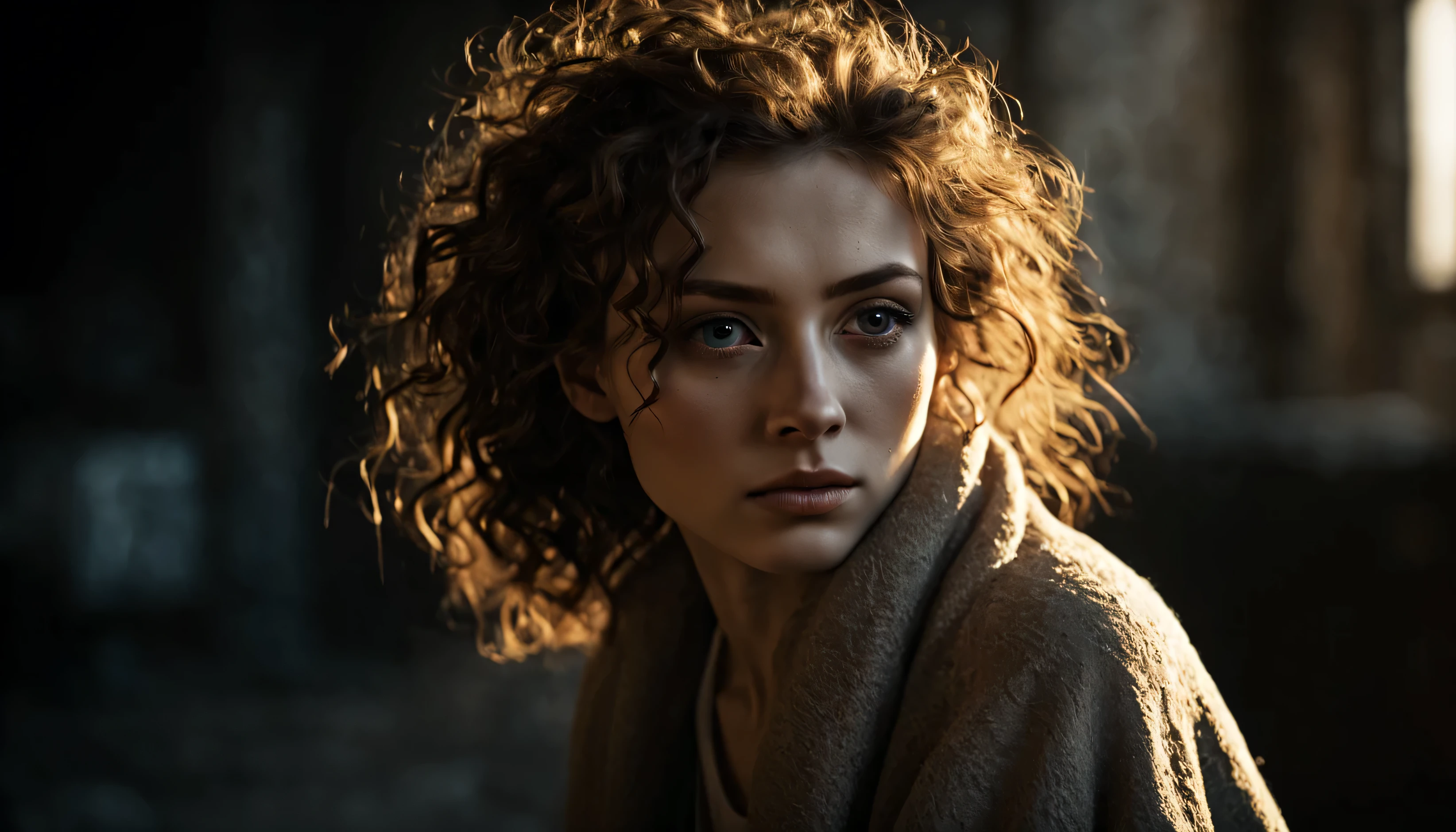 In the midst of a busy day, in the golden hour light, the young female finds a moment of peace in of a rusty decayed city under a blanket of broken dust, deep shadows, high quality, high resolution, cinematic, dark, vapor, abandoned, conceptual hyper-aesthetic dramatic ambience. Her curly hair frames her face, drawing attention to her striking gray eyes. Her pale skin, with its intricate texture, adds depth and character to her aesthetic. As she savors the moment, she radiates a quiet confidence and contentment. 16k, extreme detail, fine textures, ((dark shadows)), dark, sharp lines, ((time the revelatory)), vivid colors. beautiful. revealing.  masterpiece.  vibrant.  (back lighting).  (void:1.2). (perspective:1.3).  (wind:1.1).  (tang:1.1). (time:1.4). (decay:1.3). (fog:1.1). (ruin:1.1) Shot on a Hasselblad high format camera with a 100mm lens, this portrait is a stunning example of visual storytelling, this cinematic image captures the model's effortless beauty and the grandeur of the city below. (35mm, F/2.8) Photo Focus, DOF, Aperture, and hyper-maximalist rendering bring this scene to life in stunning detail. This image captures every nuance of her expression, from the subtle creases in her skin to the way her hair falls around her face. It's a stunningly realistic and visually descriptive piece. The composition is expertly crafted, with global illumination adding a sense of depth and dimension.