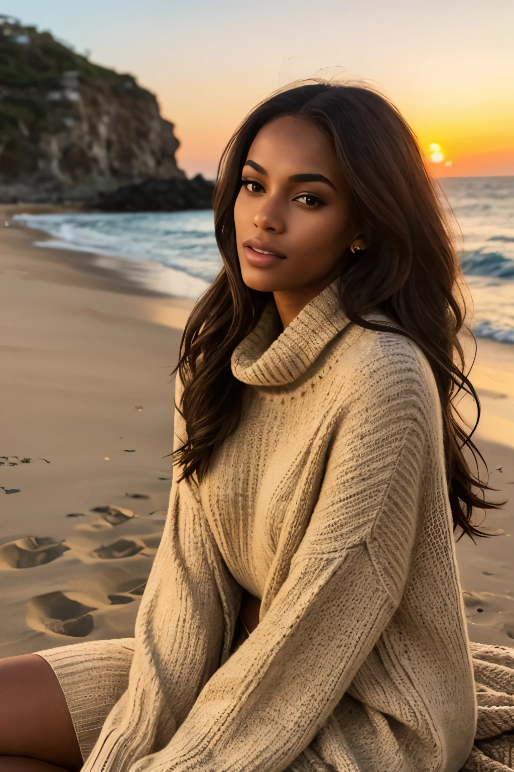 A woman sitting on the beach at sunset wearing a turtle neck sweater -  SeaArt AI