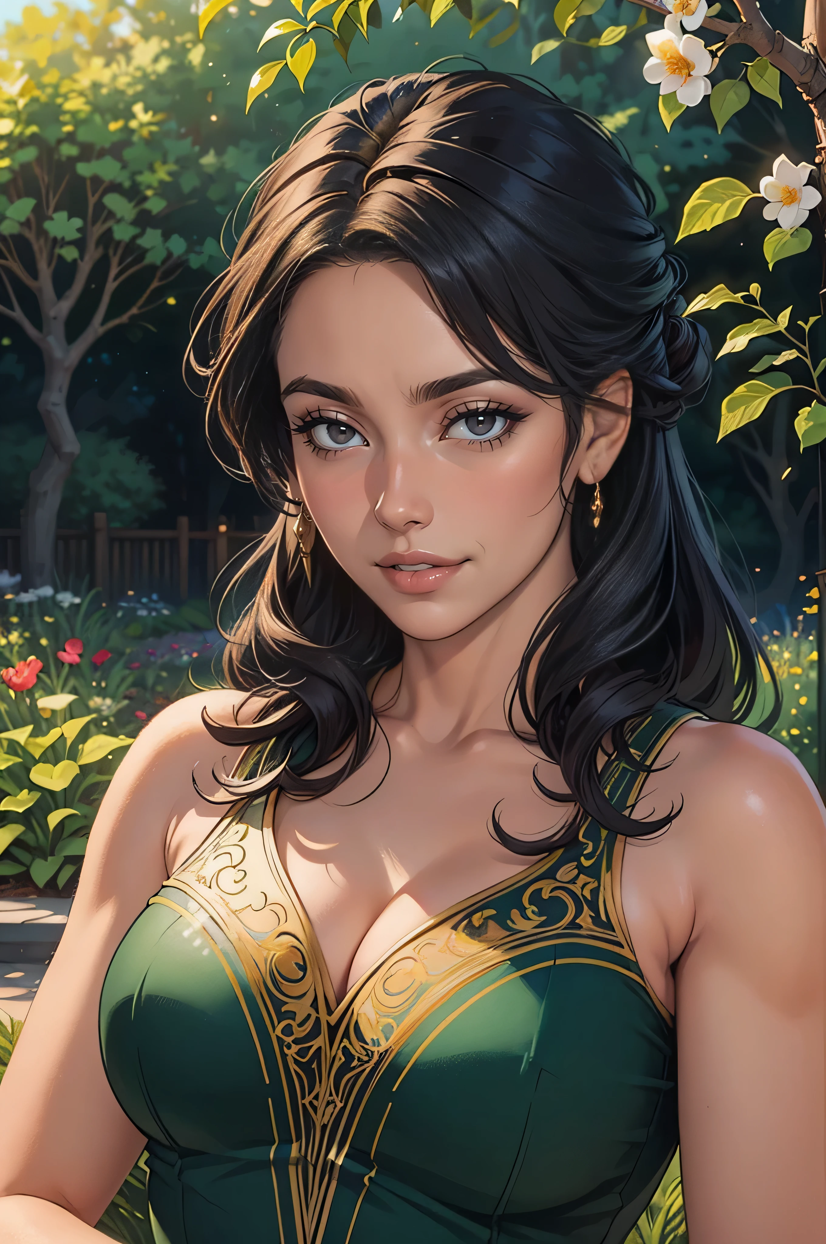 A girl with beautiful detailed eyes and lips, medium: oil painting, in a garden. The girl has long eyelashes and a captivating gaze. She is wearing a flowing gown, adorned with vibrant colors and intricate patterns. The garden is filled with lush greenery and vibrant flower beds, creating a peaceful and serene atmosphere. The sunlight filters through the leaves, casting a soft, warm glow on the scene. The artwork should have the best quality, with ultra-detailed features and a realistic, photorealistic style. The colors should be vivid and vibrant, showcasing the beauty of the girl and the garden.