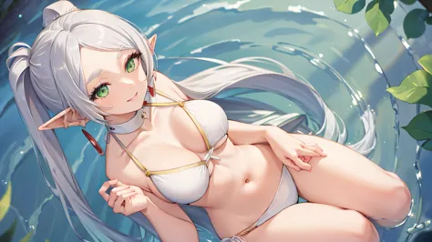 ((masterpiece)), (highest quality), High resolution, Super detailed, confused,
 freeze, 1 girl, earrings, long hair, pointy ears, one person々in, twin tails, green eyes, earrings, gray hair, looking at the viewer, white swimsuit, (white bikini:1.3), take a ...