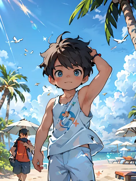Anime style,Summer sky、Into the cloud、1boy,Little Boy, hansome boy, cute face, adorable boy, beach, coconut tree, Cheerful boy。Tank Tops、body only, 、(show his armpit, focus on the armpit, shine closer to the armpit), boy focus