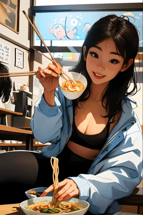 Woman eating a bowl of noodles with chopsticks at a restaurant, 5 fingers to hold noodles correctly,eating noodles, Ilya Kubshin...