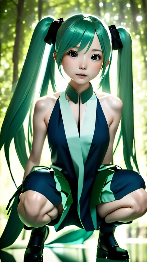 RAW photo、blue green hair,dual horsetail,sexy anatomy,adorable,small eyes、perfect proportions、Expressionless,squat,twin tails、Ha...