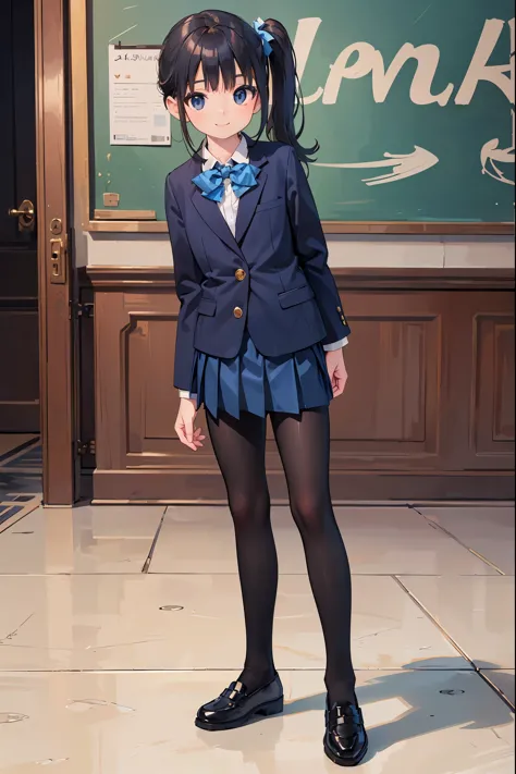 (solo:1.5), (hyperrealistic:1.2), photorealistic, (, , 8yo:1.5), (forehead:0.5), side ponytail, school uniform, blue blazer, blu...