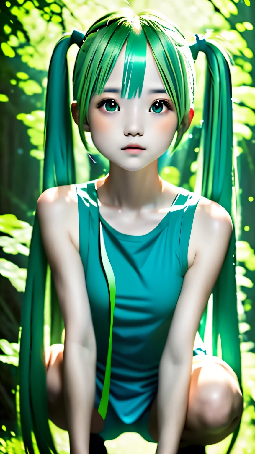 RAW photo、blue green hair,dual horsetail,Sexy,adorable,small eyes、Expressionless,squat,twin tails、Hatsune Miku、official art，unity 8k wallpaper，super detailed，aestheticaster piece，best quality，Realistic,Photo level、highest quality、Highest image quality、master piece、