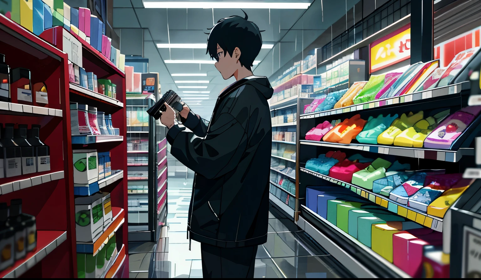 Anime boy in a store looking at a camera - SeaArt AI