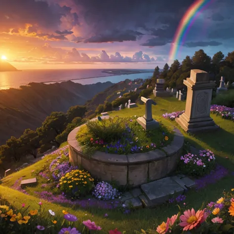 ancient cemetery on the cliff，sunset，a lot of flowers，rainbow after rain（（（horror atmosphere）））（（（masterpiece）））， （（best quality...