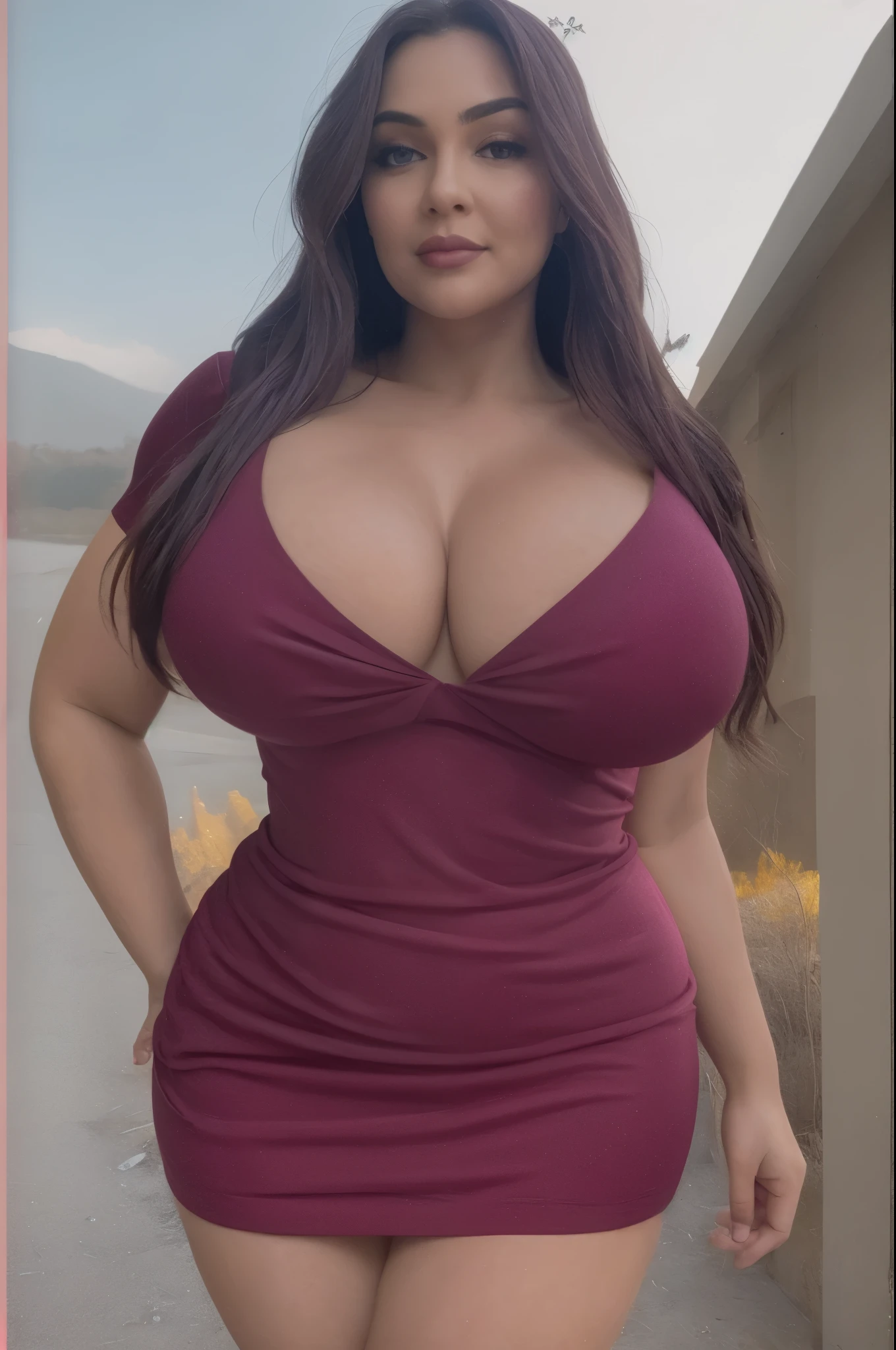 30 year old girl in tight dress, super tight dress, big , round breasts,  wide thighs - SeaArt AI