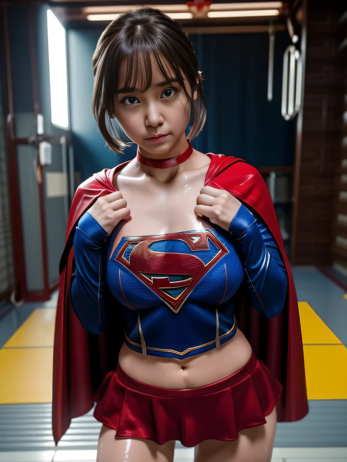 傑作、スーパーガールのコスチューム、ショートヘア、集中治療室、手術台、裸足、ストラドル、M字脚、大きく開いた脚、大きくて豊かな胸、赤いミニスカート、カメラを見て、汗、カウガール、汗でいっぱい、発汗、汗 scattering、汗 wet、チョーカー、長袖、ひらひらと舞うマント、乱交