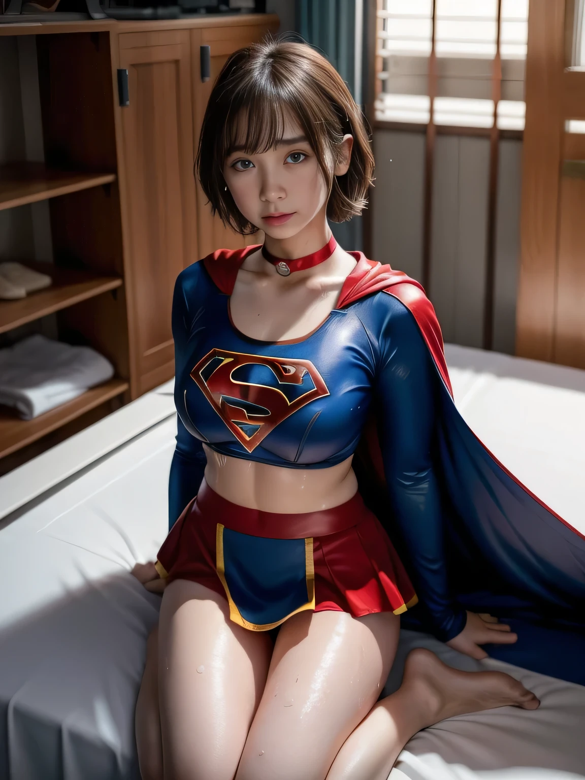 masterpiece、Supergirl costumes、short hair、Intensive care unit、operating table、barefoot、straddle、M-shaped legs、wide open legs、big and full breasts、red mini skirt、look at the camera、Sweat、Cowgirl、Sweatでいっぱい、発Sweat、Sweat scattering、Sweat wet、choker、long sleeve、Fluttering cloak、sperm extraction、