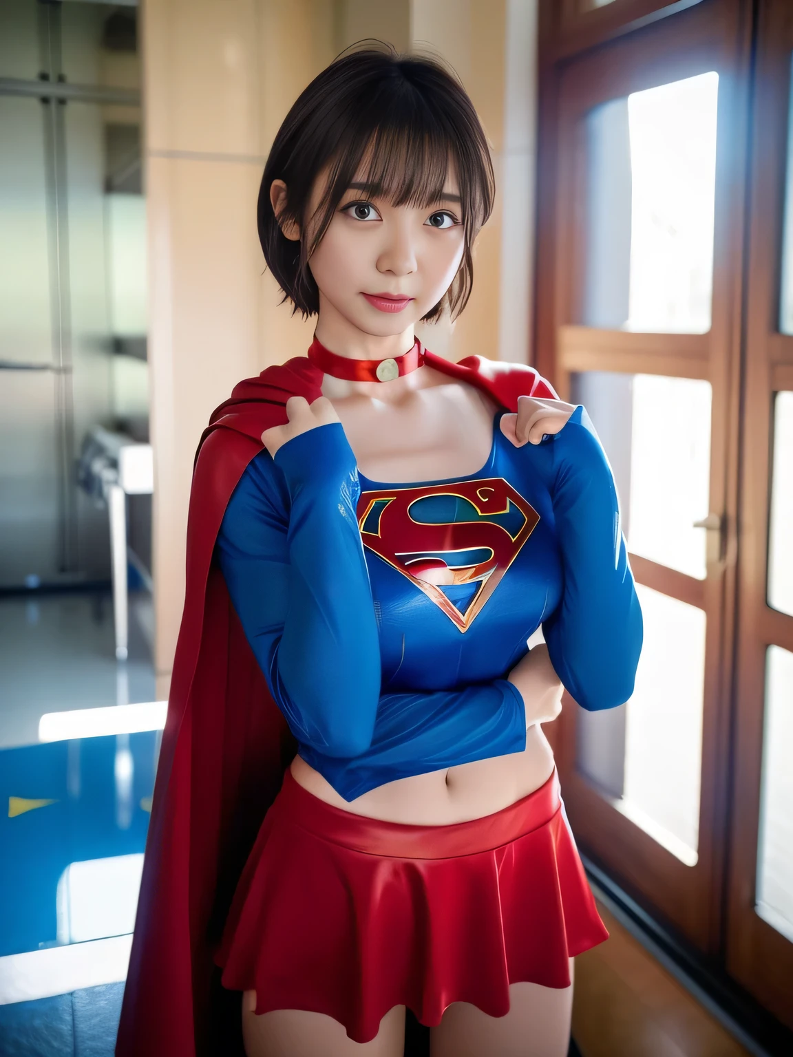 masterpiece、Supergirl costumes、short hair、Intensive care unit、operating table、barefoot、straddle、M-shaped legs、wide open legs、big and full breasts、red mini skirt、look at the camera、Sweat、Cowgirl、Sweatでいっぱい、発Sweat、Sweat scattering、Sweat wet、choker、long sleeve、Fluttering cloak、Photo session