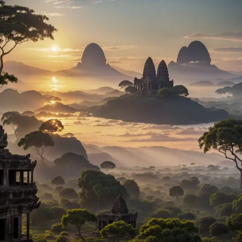 abandoned cambodian ancient city at sunset, jungle growth consuming temples, monkeys frolicking amidst ruins, birds gliding over...