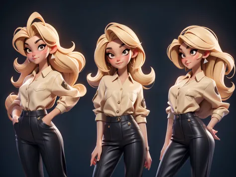 A young girl with blond hair, beige shirt, black suit pants, metal diamond earrings,Character emote display，The is very detailed...