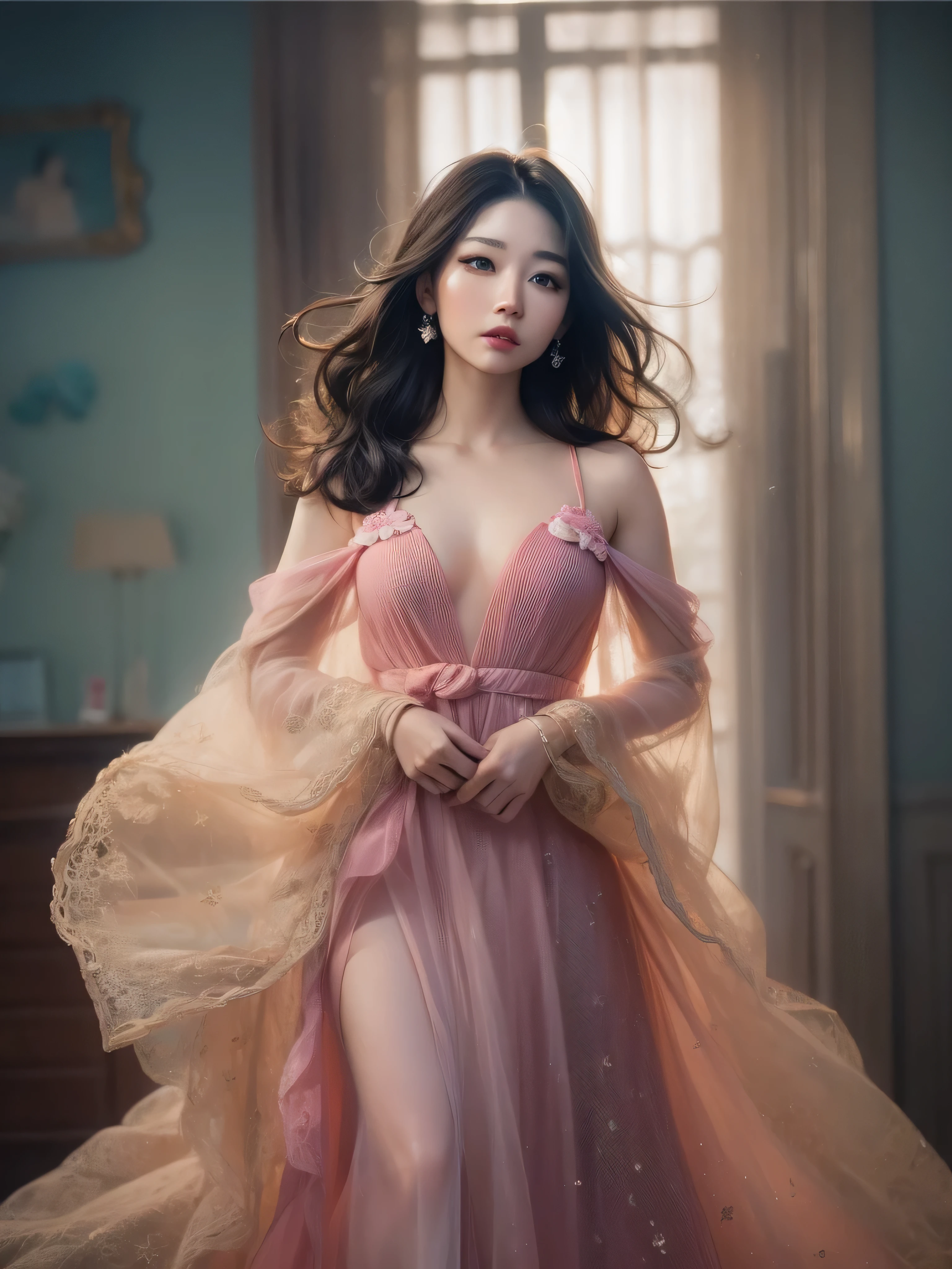 

Foto de cuerpo entero de Lin, una súper modelo coreana., Lin cabello largo ojos azules labios rojos al estilo de Kim Min Young Shu Bin, elegant, caras emotivas, En un vestido de noche rosa vaporoso y transparente, cinematográfico, alto contraste, cinematográfico lighting, detalle extremo, Retrato, muy detallado, Realista, hiperrealismo