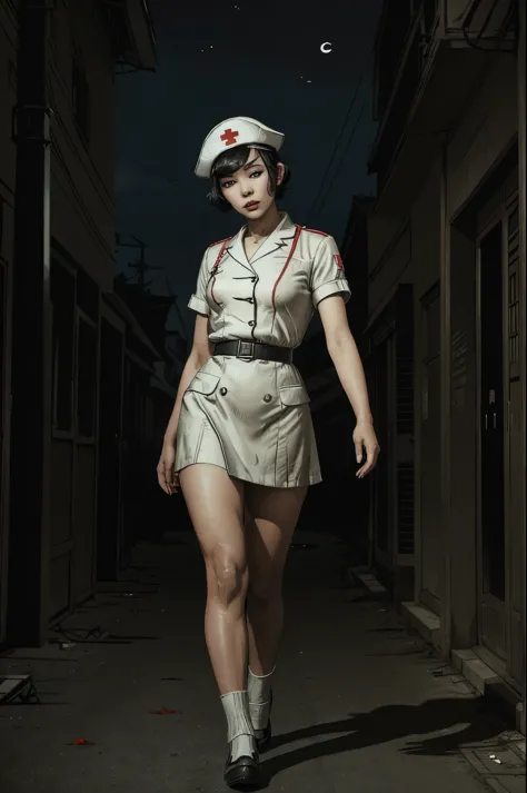 Asian WW2 nurse, ((beautiful face)) (short hair), (makeup), white uniform and nurse's hat, ((full body shot)) runs toward viewer...