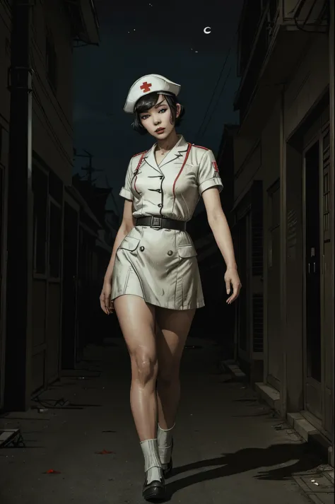 asian ww2 nurse, ((beautiful face)) (short hair), (makeup), white uniform and nurse's hat, ((full body shot)) runs toward viewer...