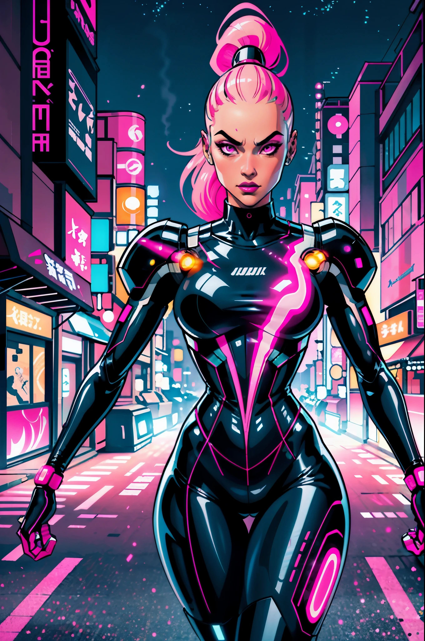 (best quality, masterpiece) scifi, futuristic, raw photo, 1girl with sexy laces clothes, (pink glossy hair) angry look, ultrasharp, (outline contourn) luminous paint, ultrasharp, particles, flares, neon Tokyo street background, many details in an amazing composition