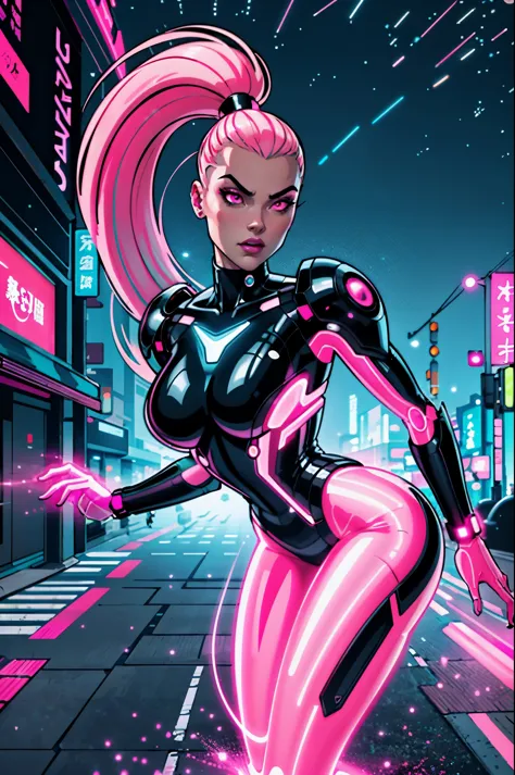 (best quality, masterpiece) scifi, futuristic, raw photo, 1girl with sexy laces clothes, (pink glossy hair) angry look, ultrasha...