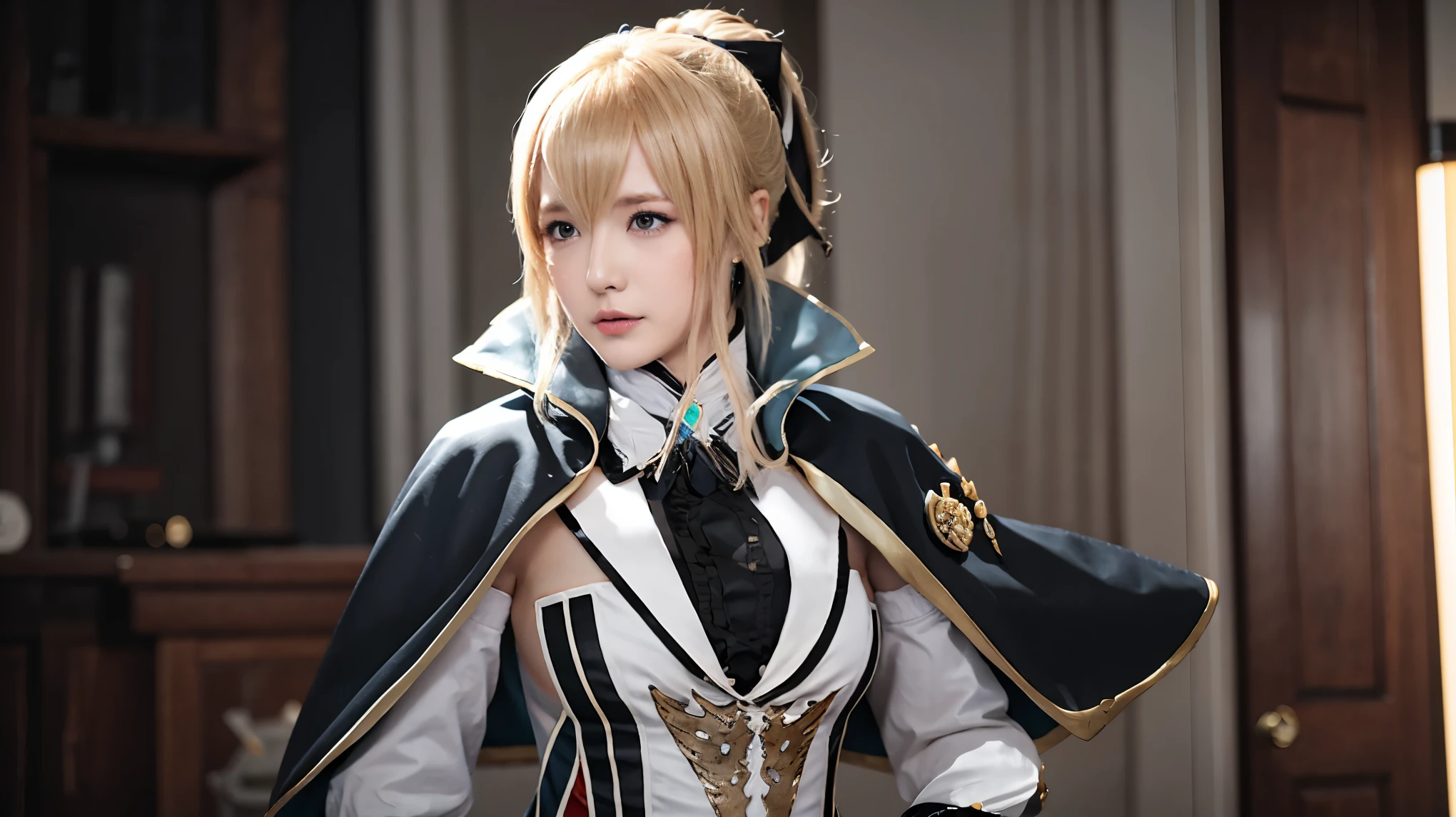 8k ((masterpiece)), ((best quality)), (ultra-detailed), beautiful face, (dramatic lighting, illustration:1.1), (1girl), perfect eyes, realistic Style, High detailed, looking_at_viewer, Milf, cosplay, wig, medium breast, (jeangunnhildr:1.5), blonde hair, ponytail hair, blue eyes, ((sfw)), landscape, (city background), detailed hand, 1 person