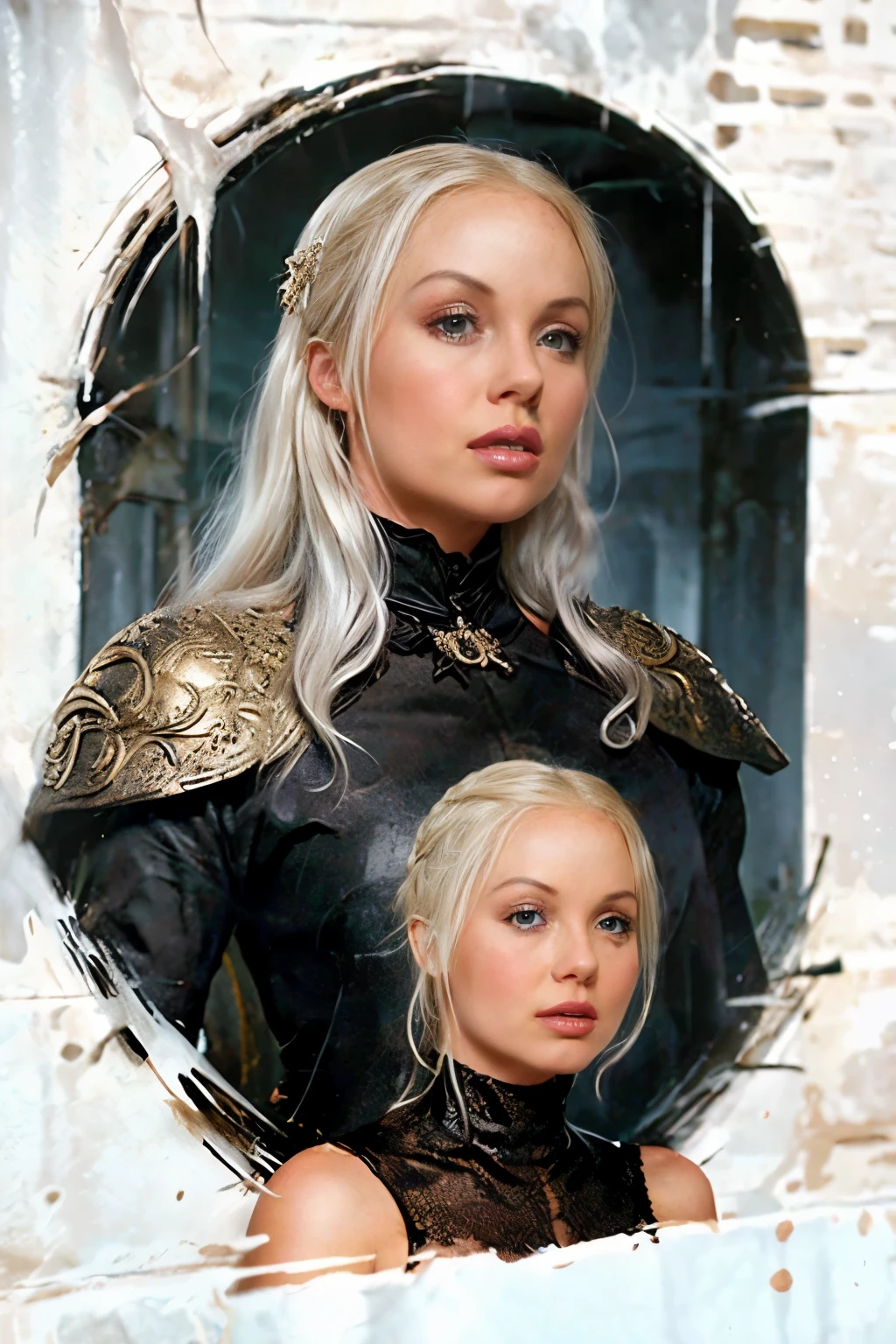 การออกแบบเสื้อยืด, ภาพประกอบ 2 มิติ, ศิลปะเป็นศูนย์กลาง,มังกร 3 ตัวที่อยู่ด้านหลังพ่นไฟ, ใบหน้าของ L4L4, นักแสดงหญิงชาวอังกฤษ White Hair จาก Game of Thrones, สีแบบกอธิค, บรรยากาศของความตึงเครียดและความหวาดกลัว, ภาพประกอบของอะโดบี, กำลังมาแรงบน Artstation, 8k, ฮาร์ดดิสก์, ส่วนหลัก, ศิลปะที่สวยงาม, รายละเอียดที่ซับซ้อน , -
