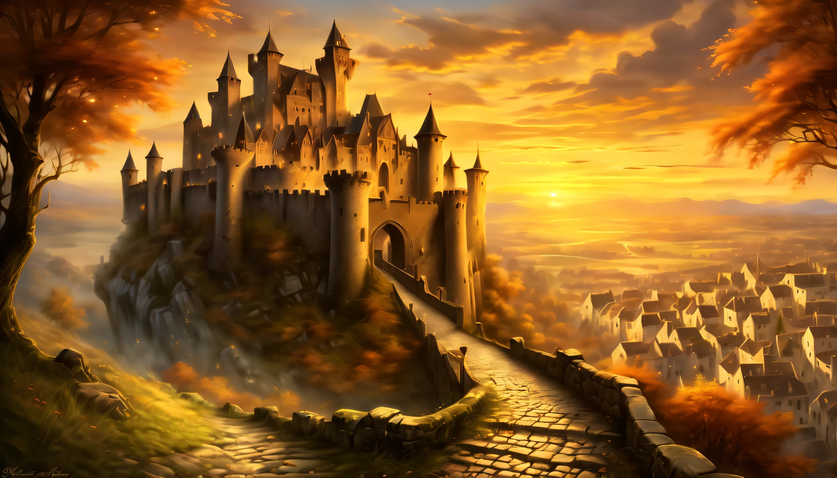 Another world to a world of dark fantasy and wonder, Quaint, An ancient castle surrounded by a charming ancient medieval city, A picturesque castle awaits, Against the backdrop of a stunning sunset, The warm hues of the setting sun are in the corner々illuminates up to, Intricate details of stone roads and natural light create a surreal atmosphere, The setting sun casts a warm light on the scene, The handwriting is very accurate, It looks almost unrealistically beautiful, Every detail comes alive and vivid, atmosphere of a bygone era, Delicate brush strokes capture every intricate detail, Emphasizes careful brushstrokes and intricate details, Immerse yourself in the beauty of breathtaking backgrounds, The level of detail in the master is amazing, From natural light to elaborate brushstrokes,