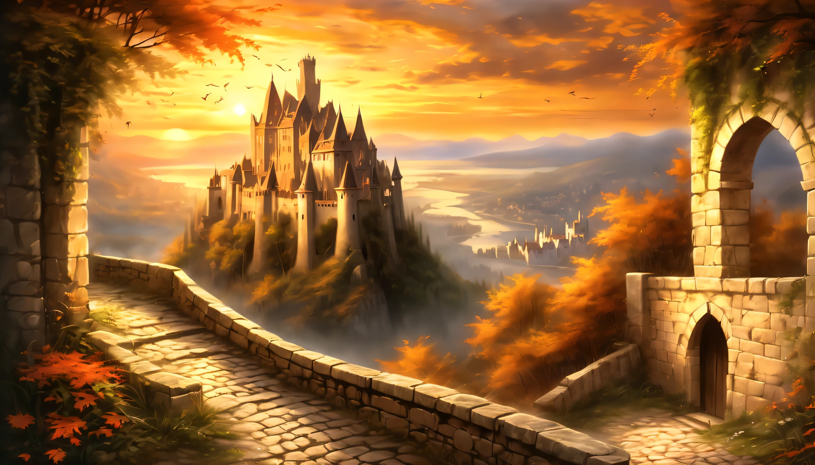 Another world to a world of dark fantasy and wonder, Quaint, An ancient castle surrounded by a charming ancient medieval city, A picturesque castle awaits, Against the backdrop of a stunning sunset, The warm hues of the setting sun are in the corner々illuminates up to, Intricate details of stone roads and natural light create a surreal atmosphere, The setting sun casts a warm light on the scene, The handwriting is very accurate, It looks almost unrealistically beautiful, Every detail comes alive and vivid, atmosphere of a bygone era, Delicate brush strokes capture every intricate detail, Emphasizes careful brushstrokes and intricate details, Immerse yourself in the beauty of breathtaking backgrounds, The level of detail in the master is amazing, From natural light to elaborate brushstrokes,