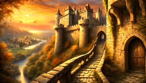 Another world to a world of dark fantasy and wonder, Quaint, An ancient castle surrounded by a charming ancient medieval city, A picturesque castle awaits, Against the backdrop of a stunning sunset, The warm hues of the setting sun are in the corner々illumi...
