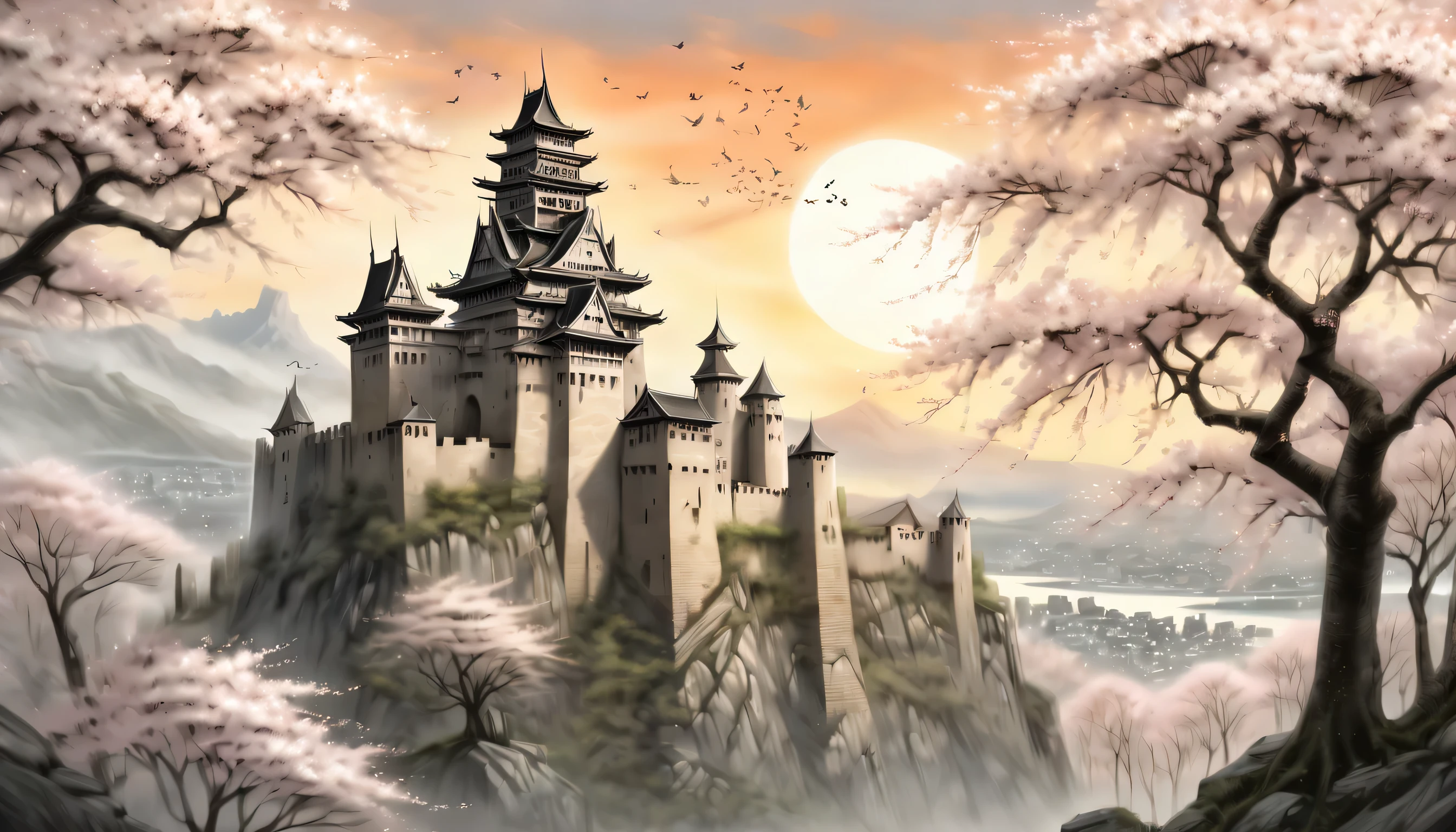 towering within the same ancient city、An unforgettable old castle, Illustrated with fascinating illustrations, The image shows the black metal plate, Juxtaposed with the delicate beauty of cherry blossom paintings, The setting sun shines in warm colors, Create a striking black and white contrast, Every detail of the castle is carefully drawn., A weathered stone wall appears, crumbling turret, complex architectural elements, Images create a timeless feel、evoke, a kind of mysterious atmosphere, Let the viewer imagine the stories and legends woven into it。, walls of this ancient fortress, Top quality illustrations, Expressing complex textures and delicate nuances。, It is an eye-catching visual masterpiece.,